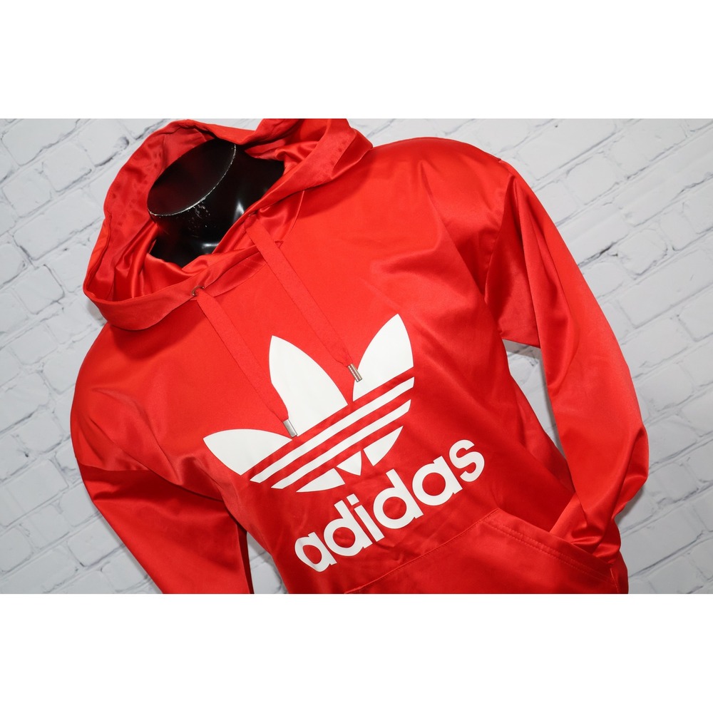 Adidas Hoodie Men Small Red Trefoil Logo Pullover Sweatshirt Satin Polyester